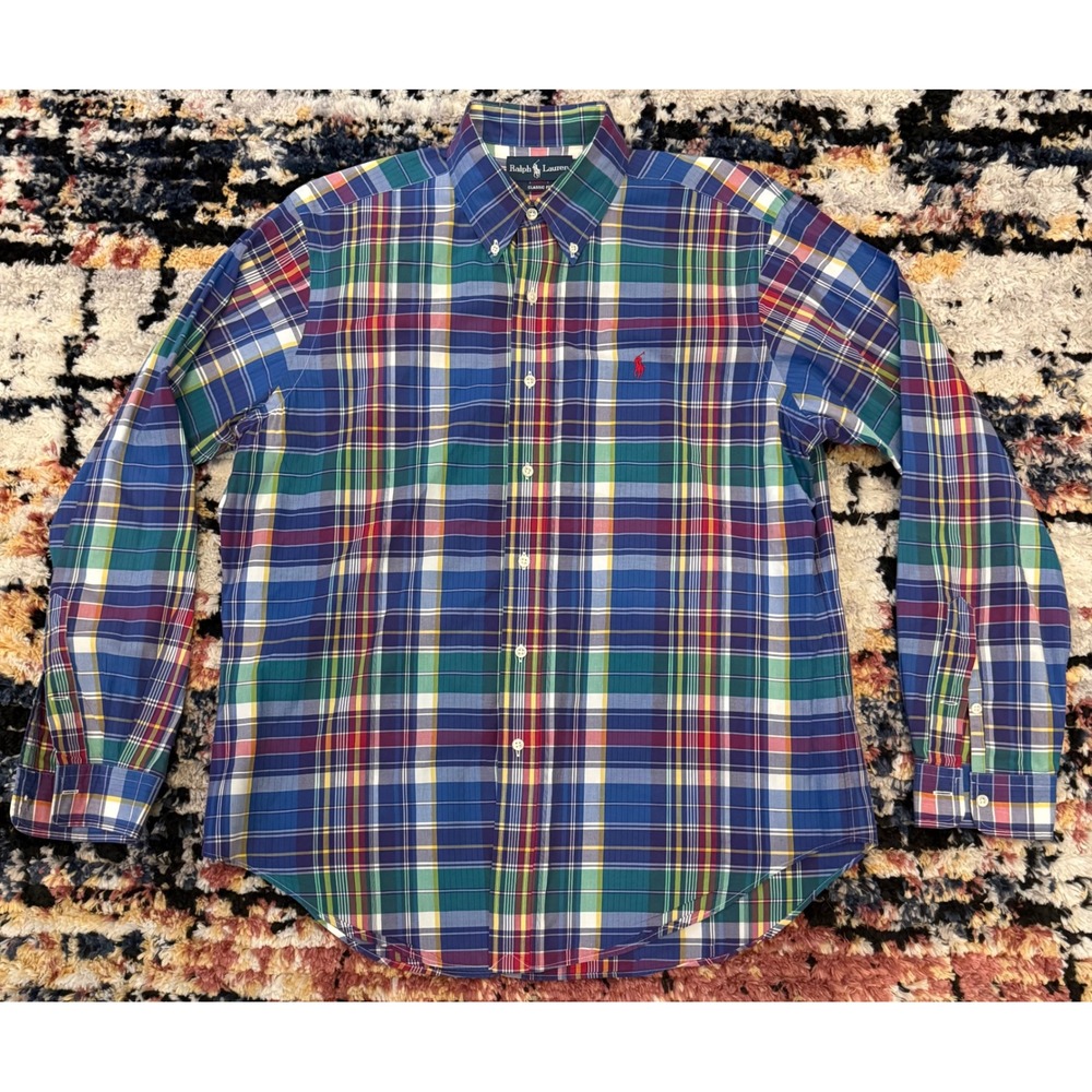 Ralph Lauren Mens Classic Fit Plaid Button Down Shirt Large Blue Green Multi
